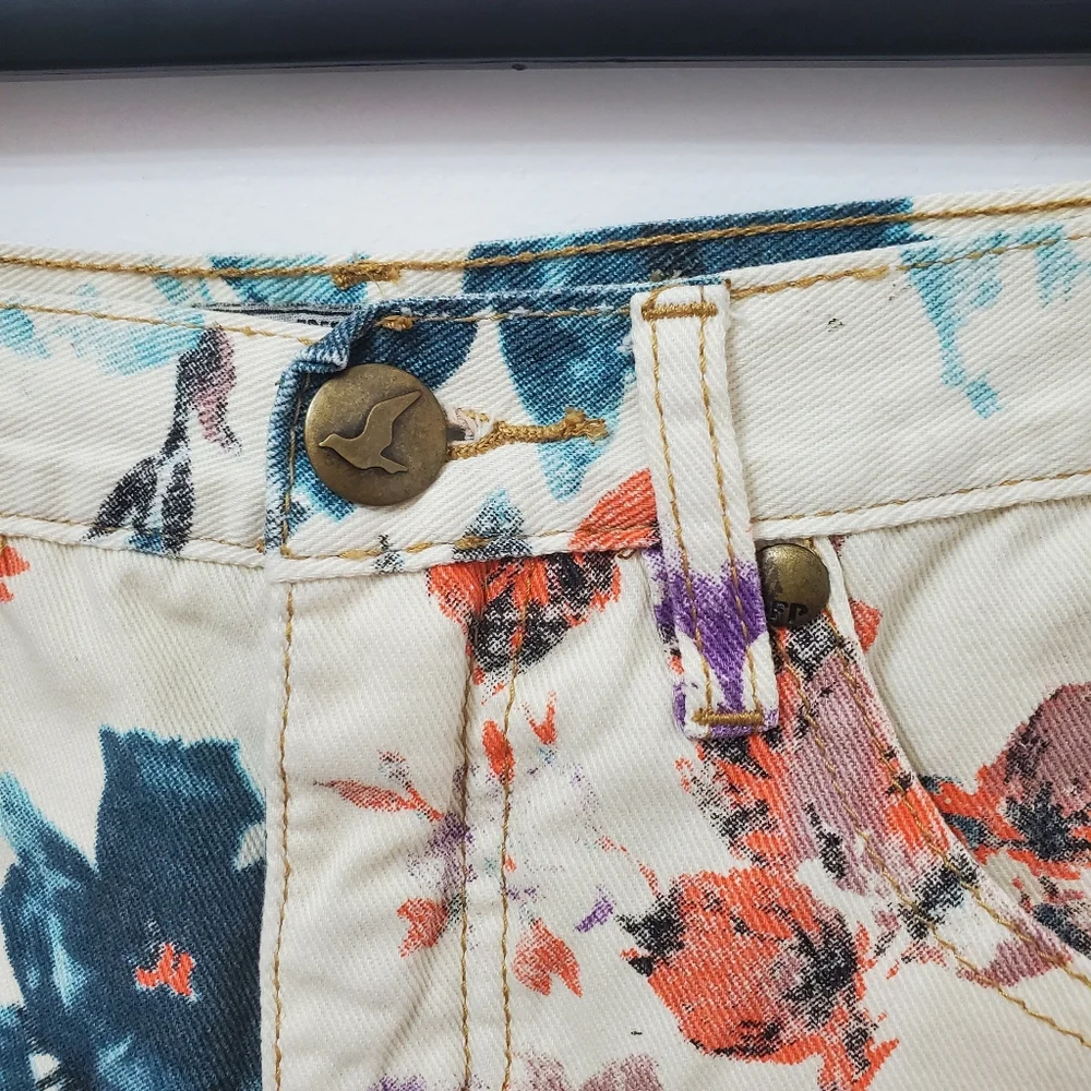 Free People Floral Denim Cutoff Shorts Turquoise Combo 26